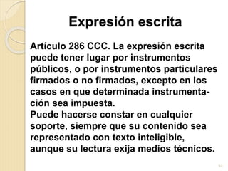 Expresión escrita
Artículo 286 CCC. La expresión escrita
puede tener lugar por instrumentos
públicos, o por instrumentos particulares
firmados o no firmados, excepto en los
casos en que determinada instrumenta-
ción sea impuesta.
Puede hacerse constar en cualquier
soporte, siempre que su contenido sea
representado con texto inteligible,
aunque su lectura exija medios técnicos.
53
 