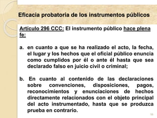 Eficacia probatoria de los instrumentos públicos
58
Artículo 296 CCC: El instrumento público hace plena
fe:
a. en cuanto a que se ha realizado el acto, la fecha,
el lugar y los hechos que el oficial público enuncia
como cumplidos por él o ante él hasta que sea
declarado falso en juicio civil o criminal;
b. En cuanto al contenido de las declaraciones
sobre convenciones, disposiciones, pagos,
reconocimientos y enunciaciones de hechos
directamente relacionados con el objeto principal
del acto instrumentado, hasta que se produzca
prueba en contrario.
 