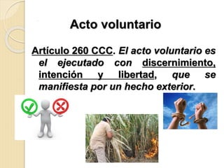 .
Artículo 260 CCC. El acto voluntario es
el ejecutado con discernimiento,
intención y libertad, que se
manifiesta por un hecho exterior.
Acto voluntario
 