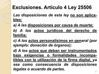 Exclusiones. Artículo 4 Ley 25506
Las disposiciones de esta ley no son aplica-
bles:
a) A las disposiciones por causa de muerte;
b) A los actos jurídicos del derecho de
familia;
c) A los actos personalísimos en general (por
ejemplo: donación de órganos);
d) A los actos que deban ser instrumentados
bajo exigencias o formalidades incompa-
tibles con la utilización de la firma digital, ya
sea como consecuencia de disposiciones
legales o acuerdo de partes.
82
 