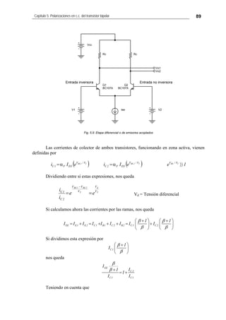 Capítulo 5: Polarizaciones en c.c. del transistor bipolar 89
Fig. 5.9: Etapa diferencial o de emisores acoplados
Las corrientes de colector de ambos transistores, funcionando en zona activa, vienen
definidas por
( ) ( ) 1eeIieIi TBET2BET1BE V/VV/V
ESF2C
V/V
ESF1C 〉〉α=α=
Dividiendo entre sí estas expresiones, nos queda
T
d
T
2BE1BE
V
V
V
VV
2C
1C
ee
i
i
==
−
Vd = Tensión diferencial
Si calculamos ahora las corrientes por las ramas, nos queda
EE E1 E2 C1 B1 C2 B2 C1 C2
1 1
I I I I I I I I I
β β
β β
⎛ ⎞ ⎛ ⎞+ +
= + = + + + = +⎜ ⎟ ⎜ ⎟
⎝ ⎠ ⎝ ⎠
Si dividimos esta expresión por
C1
1
I
β
β
⎛ ⎞+
⎜ ⎟
⎝ ⎠
nos queda
EE
C2
C1 C1
I
I1
1
I I
β
β +
= +
Teniendo en cuenta que
 