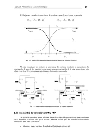 Capítulo 5: Polarizaciones en c.c. del transistor bipolar 91
Si dibujamos estos hechos en forma de tensiones y no de corrientes, nos queda
( ) ( )C2CCC)(OutC1CCC)(Out R·IVVR·IVV −=−= −+
VOut(-)
VOut (+)
4VT-4VT 0
VCC
2
VCC
Fig. 5.11: Variaciones de las tensiones de colector en la etapa de emisores acoplados
Al estar conectados los emisores a una fuente de corriente constante, si aumentamos la
polarización de uno de los transistores, se genera una despolarización de la otra rama, siendo este
efecto reversible. Si vemos esta característica en el simulador, nos queda
Fig. 5.12: Variaciones de polarización en corriente en la etapa diferencial
5.3.5 Intercambio de transistores NPN y PNP
Las polarizaciones que hemos utilizado hasta ahora han sido generalmente para transistores
NPN. Teniendo en cuenta unas pocas normas, podemos utilizar para las mismas indistintamente
transistores NPN o PNP, éstas son:
• Mantener todos los tipos de polarización (directa o inversa).
 