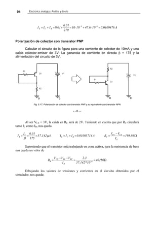 94 Electrónica analógica: Análisis y diseño
A0100476.010·6.4710·10
210
01.0
01.0III 63
BCE =+=+=+= −−
Polarización de colector con transistor PNP
Calcular el circuito de la figura para una corriente de colector de 10mA y una
caída colector-emisor de 3V. La ganancia de corriente en directa β = 175 y la
alimentación del circuito de 5V.
Fig. 5.17: Polarización de colector con transistor PNP y su equivalente con transistor NPN
- - 0 - -
Al ser VCE = 3V, la caída en RC será de 2V. Teniendo en cuenta que por RC circulará
tanto IC como IB, nos queda
A14257
175
010I
I C
B μ
β
.
.
=== A010057140III BCE .=+= Ω=
−
= 86198
I
VV
R
E
CECC
C .
Suponiendo que el transistor está trabajando en zona activa, para la resistencia de base
nos queda un valor de
Ω==
−−
= −
40250
1014257
32
I
VVV
R 6
B
RCBECC
B
*.
.
Dibujando los valores de tensiones y corrientes en el circuito obtenidos por el
simulador, nos queda:
 