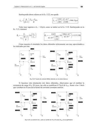 Capítulo 5: Polarizaciones en c.c. del transistor bipolar 99
Si hacemos otra simulación con datos obtenidos, observamos que al cambiar la
resistencia de carga 10 y 20 veces, tan sólo se modifican 0.73μA de ICQ1, frente a los 1.8mA
que variaban en el caso de la fuente de corriente constante anterior.
Sustituyendo ahora valores en la Ec. 5.22, nos queda
R
VV
·
1
I 2BECC
2C
−
⎟⎟
⎠
⎞
⎜⎜
⎝
⎛
+β
β
= A15.996
11300
7.012
·
260
259
I 2C μ=
−
⎟
⎠
⎞
⎜
⎝
⎛
=
Valor muy superior a IC1 = 62μA, como se indicó en la Ec. 5.18. Sustituyendo en la
Ec. 5.21, tenemos
Como muestra el simulador los datos obtenidos teóricamente son muy aproximados a
los indicados por éste.
⎟⎟
⎠
⎞
⎜⎜
⎝
⎛
⎟⎟
⎠
⎞
⎜⎜
⎝
⎛
β
+β
=
1C
2C
1C
T
E
I
I
Ln·
1
I
V
R Ω=⎟⎟
⎠
⎞
⎜⎜
⎝
⎛
⎟
⎠
⎞
⎜
⎝
⎛
= −
−
−
33.1115
10·62
10·1.996
Ln·
259
260
10·62
025.0
R 6
6
6
E
Fig. 5.24: Fuente de corriente Widlar obtenida con los datos teóricos
Fig. 5.25: La variación de IC1 para un cambio de 10 y 20 veces RLoad no es significativa
 