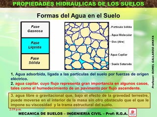 PROPIEDADES HIDRAULICAS DE LOS SUELOS
Formas del Agua en el Suelo
1. Agua adsorbida, ligada a las partículas del suelo por fuerzas de origen
eléctrico.
2. agua capilar, cuyo flujo representa gran importancia en algunos casos,
tales como el humedecimiento de un pavimento por flujo ascendente.
3. agua libre o gravitacional que, bajo el efecto de la gravedad terrestre,
puede moverse en el interior de la masa sin otro obstáculo que el que le
impone su viscosidad y la trama estructural del suelo.
MECANICA DE SUELOS – INGENIERIA CIVIL – Prof: R.G.A.
2:19 p.m.
Profesor:ROMELGALLARDOAMAYA
 