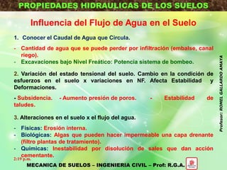 PROPIEDADES HIDRAULICAS DE LOS SUELOS
MECANICA DE SUELOS – INGENIERIA CIVIL – Prof: R.G.A.
Influencia del Flujo de Agua en el Suelo
2. Variación del estado tensional del suelo. Cambio en la condición de
esfuerzos en el suelo x variaciones en NF. Afecta Estabilidad y
Deformaciones.
- Subsidencia. - Aumento presión de poros. - Estabilidad de
taludes.
1. Conocer el Caudal de Agua que Circula.
- Cantidad de agua que se puede perder por infiltración (embalse, canal
riego).
- Excavaciones bajo Nivel Freático: Potencia sistema de bombeo.
3. Alteraciones en el suelo x el flujo del agua.
- Físicas: Erosión interna.
- Biológicas: Algas que pueden hacer impermeable una capa drenante
(filtro plantas de tratamiento).
- Químicas: Inestabilidad por disolución de sales que dan acción
cementante.
2:19 p.m.
Profesor:ROMELGALLARDOAMAYA
 