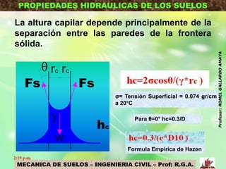MECANICA DE SUELOS – INGENIERIA CIVIL – Prof: R.G.A.
PROPIEDADES HIDRAULICAS DE LOS SUELOS
La altura capilar depende principalmente de la
separación entre las paredes de la frontera
sólida.
FsFs
 rc rc

W
hc
Formula Empírica de Hazen
σ= Tensión Superficial = 0.074 gr/cm
a 20°C
Para θ=0° hc=0.3/D
2:19 p.m.
Profesor:ROMELGALLARDOAMAYA
 