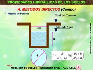 PROPIEDADES HIDRAULICAS DE LOS SUELOS
A. METODOS DIRECTOS (Campo)
4. Método de Porchet
Nivel del Terreno
Nivel de Agua2R
h










Rh
Rh
tt
R
f
2
1
12 2
2
ln*
)(2
MECANICA DE SUELOS – INGENIERIA CIVIL – Prof: R.G.A.
2:19 p.m.
Profesor:ROMELGALLARDOAMAYA
 