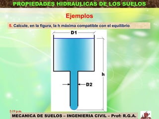 MECANICA DE SUELOS – INGENIERIA CIVIL – Prof: R.G.A.
PROPIEDADES HIDRAULICAS DE LOS SUELOS
Ejemplos
5. Calcule, en la figura, la h máxima compatible con el equilibrio
2:19 p.m.
 