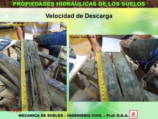 PROPIEDADES HIDRAULICAS DE LOS SUELOS
Velocidad de Descarga
MECANICA DE SUELOS – INGENIERIA CIVIL – Prof: R.G.A.
2:19 p.m.
Fuente: Gallardo R.
Fuente: Gallardo R.
 