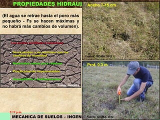 MECANICA DE SUELOS – INGENIERIA CIVIL – Prof: R.G.A.
PROPIEDADES HIDRAULICAS DE LOS SUELOS
Relación con el Límite de Contracción
Volumétrico
1. Posición inicial, el agua esta superficial.
2. Posición del menisco cuando se desarrolla totalmente en los tubos capilares
de diámetro mayor.
3. El menisco se desarrolla totalmente en los tubos de diámetros intermedios.
4. Finalmente el menisco se desarrolla en los tubos capilares de menor tamaño
(valor máximo de esfuerzos de tensión (agua) y compresión (canalículos).
Prof. 0.3 m
Ancho 7-15 cm
(El agua se retrae hasta el poro más
pequeño - Fs se hacen máximas y
no habrá más cambios de volumen).
Fuente: Suárez J.
2:19 p.m.
Fuente: GIGMA, 2012
Fuente: GIGMA, 2012
 