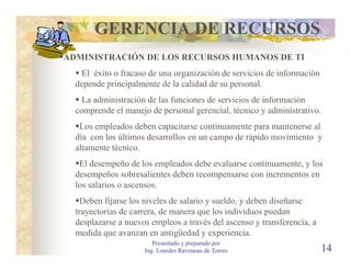 GERENCIA DE RECURSOS
ADMINISTRACIÓN DE LOS RECURSOS HUMANOS DE TI
   El éxito o fracaso de una organización de servicios de información
  depende principalmente de la calidad de su personal.
    La administración de las funciones de servicios de información
  comprende el manejo de personal gerencial, técnico y administrativo.
   Los empleados deben capacitarse continuamente para mantenerse al
  día con los últimos desarrollos en un campo de rápido movimiento y
  altamente técnico.
   El desempeño de los empleados debe evaluarse continuamente, y los
  desempeños sobresalientes deben recompensarse con incrementos en
  los salarios o ascensos.
    Deben fijarse los niveles de salario y sueldo, y deben diseñarse
  trayectorias de carrera, de manera que los individuos puedan
  desplazarse a nuevos empleos a través del ascenso y transferencia, a
  medida que avanzan en antigüedad y experiencia.
                        Presentado y preparado por
                     Ing. Lourdes Raveneau de Torres                     14
 