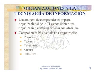 ORGANIZACIONES Y LA
TECNOLOGÍA DE INFORMACIÓN
 Una manera de comprender el impacto
 organizacional de la TI es considerar una
 organización como un sistema sociotécnico.
 Componentes básicos de una organización
    Personas
    Tareas
    Tecnología
    Cultura
    Estructura



                    Presentado y preparado por
                 Ing. Lourdes Raveneau de Torres   4
 