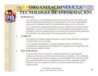 ORGANIZACIONES Y LA
TECNOLOGÍA DE INFORMACIÓN
PERSONAL
   Los gerentes y los trabajadores del conocimiento son individuos con
   una variedad de preferencias de información y diversas capacidades
   para usar de manera efectiva la información que se les suministra.
   Los sistemas de información deben generar productos de información
   adaptados, con el fin de satisfacer las necesidades individuales de los
   gerentes, como lo pueden lograr los sistemas de información gerencial,
   de respaldo a las decisiones y de información ejecutiva.
TAREAS
   Las tareas de muchas organizaciones se han vuelto bastante complejas
   e ineficientes con el tiempo.
   La TI puede desempeñar un papel importante para combatir la
   complejidad organizacional mediante el respaldo de la reingeniería de
   los procesos empresariales.
TECNOLOGÍA
   La tecnología de los sistemas computacionales de información
   continúa creciendo en forma más avanzada y compleja. Sin embargo,
   esta tecnología no debería imponer las necesidades de información de
   los usuarios finales en el desempeño de sus tareas organizacionales.
   Debería tener en cuenta la cultura y estructura gerencial de cada
   organización.
                     Presentado y preparado por
                  Ing. Lourdes Raveneau de Torres                            6
 
