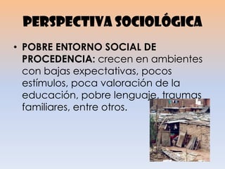 Perspectiva sociológica
• POBRE ENTORNO SOCIAL DE
PROCEDENCIA: crecen en ambientes
con bajas expectativas, pocos
estímulos, poca valoración de la
educación, pobre lenguaje, traumas
familiares, entre otros.
 