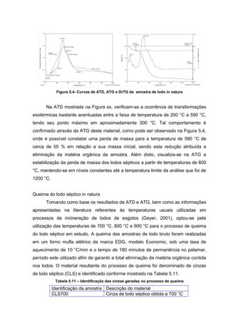 Figura 5.4- Curvas de ATD, ATG e DrTG da amostra de lodo in natura
Na ATD mostrada na Figura xx, verificam-se a ocorrência de transformações
exotérmicas bastante acentuadas entre a faixa de temperatura de 200 °C a 590 °C,
tendo seu ponto máximo em aproximadamente 300 °C. Tal comportamento é
confirmado através da ATG deste material, como pode ser observado na Figura 5.4,
onde é possível constatar uma perda de massa para a temperatura de 590 °C de
cerca de 55 % em relação a sua massa inicial, sendo esta redução atribuída a
eliminação da matéria orgânica da amostra. Além disto, visualiza-se na ATG a
estabilização da perda de massa dos lodos sépticos a partir de temperaturas de 600
°C, mantendo-se em níveis constantes até a temperatura limite da análise que foi de
1200 °C.
Queima do lodo séptico in natura
Tomando como base os resultados da ATD e ATG, bem como as informações
apresentadas na literatura referentes às temperaturas usuais utilizadas em
processos de incineração de lodos de esgotos (Geyer, 2001), optou-se pela
utilização das temperaturas de 700 °C, 800 °C e 900 °C para o processo de queima
do lodo séptico em estudo. A queima das amostras de lodo bruto foram realizadas
em um forno mufla elétrico da marca EDG, modelo Economic, sob uma taxa de
aquecimento de 10 °C/min e o tempo de 180 minutos de permanência no patamar,
período este utilizado afim de garantir a total eliminação da matéria orgânica contida
nos lodos. O material resultante do processo de queima foi denominado de cinzas
de lodo séptico (CLS) e identificado conforme mostrado na Tabela 5.11.
Tabela 5.11 – Identificação das cinzas geradas no processo de queima
Identificação da amostra Descrição do material
CLS700 Cinza de lodo séptico obtida a 700 °C
 