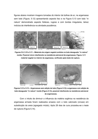 figuras abaixo mostram imagens tomadas do interior de bolhas de ar, na argamassa
sem lodo (Figura. 5.12) apresentando aspecto liso e na Figura 5.13 com lodo “in
natura” demonstrado aspecto foliáceo, rugoso e com bordas irregulares, talvez
indícios de interferência na atividade pozolânica.
Figuras 5.9, 5.10 e 5.11 – Materiais de origem vegetal contidos no lodo desaguado “in natura”
moído. Possível micro interferente na resistência estrutural de argamassas. Figura. 5.11
material vegetal no interior da argamassa, verificado após teste de ruptura.
Figuras 5.12 e 5.13 – Argamassas sem adição de lodo (Figura 5.12) e argamassa com adição de
lodo desaguado “in natura” moído (Figura 5.13), possível interferente na resistência estrutural
de argamassas.
Com o intuito de diminuir a influencia da matéria orgânica na resistência da
argamassa armada foram realizados ensaios com o lodo calcinado (cinzas) em
substituição da areia (agregado miúdo). Após 28 dias de cura procedeu-se o teste
de ruptura (Figura 5.14).
Figura 5.9 Figura 5.10 Figura 5.11
Figura 5.12 Figura 5.13
 
