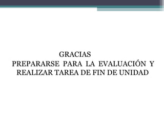 GRACIAS
PREPARARSE PARA LA EVALUACIÓN Y
 REALIZAR TAREA DE FIN DE UNIDAD
 