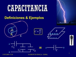 Definiciones & Ejemplos
d
A
- - - - -
+ + + +
a
b
L
C1 C2
a
b
C3
C
a b
V
Q
C 
CAPACITANCIA
13/05/2009 17:30
1
FLORENCIO PINELA - ESPOL
 