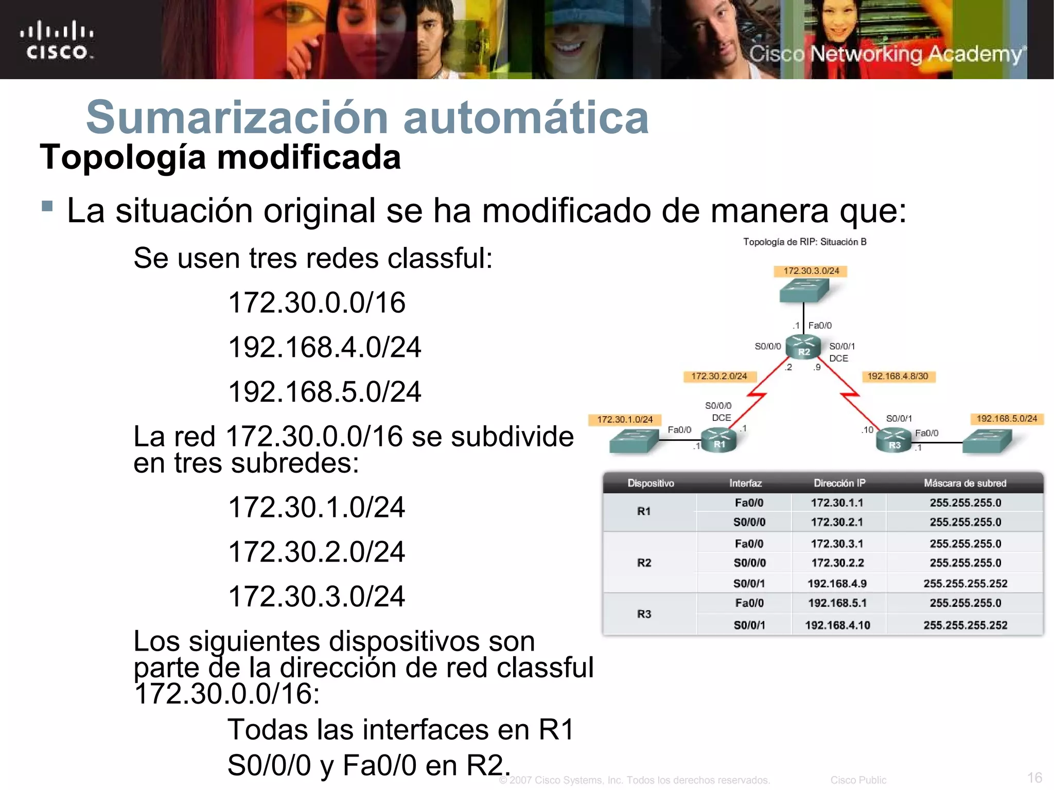 Sumarización automática
Topología modificada
 La situación original se ha modificado de manera que:
     Se usen tres redes classful:
            172.30.0.0/16
            192.168.4.0/24
            192.168.5.0/24
     La red 172.30.0.0/16 se subdivide
     en tres subredes:
            172.30.1.0/24
            172.30.2.0/24
            172.30.3.0/24
     Los siguientes dispositivos son
     parte de la dirección de red classful
     172.30.0.0/16:
            Todas las interfaces en R1
            S0/0/0 y Fa0/0 en R2.   © 2007 Cisco Systems, Inc. Todos los derechos reservados.   Cisco Public   16
 