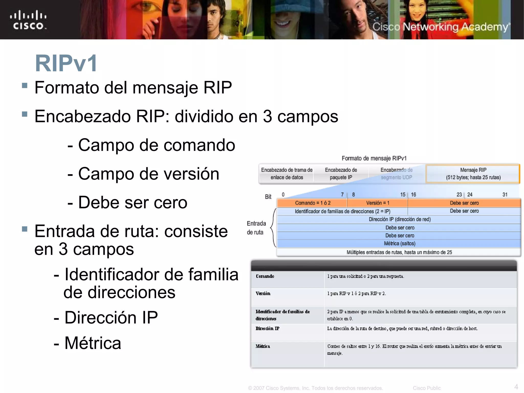 RIPv1
 Formato del mensaje RIP
 Encabezado RIP: dividido en 3 campos
      - Campo de comando
      - Campo de versión
      - Debe ser cero
 Entrada de ruta: consiste
  en 3 campos
    - Identificador de familia
      de direcciones
    - Dirección IP
    - Métrica

                                 © 2007 Cisco Systems, Inc. Todos los derechos reservados.   Cisco Public   4
 