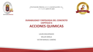 DURABILIDAD Y PATOLOGIA DEL CONCRETO
CAPITULO 6
ACCIONES QUIMICAS
LAURA MALDONADO
MILLER ARDILA
VICTOR MANUEL CAMERO
 