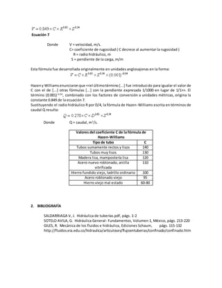 Ecuación 7
Donde V = velocidad, m/s.
C= coeficiente de rugosidad ( C decrece al aumentar la rugosidad )
R = radio hidráulico, m
S = pendiente de la carga, m/m
Esta fórmula fue desarrollada originalmente en unidades anglosajonas en la forma:
Hazeny Williamsenunciaronque <<el últimotérmino[...] fue introducido para igualar el valor de
C con el de [...] otras fórmulas [...] con la pendiente expresada 1/1000 en lugar de 1/1>>. El
término (0.001)-0.04
, combinado con los factores de conversión a unidades métricas, origina la
constante 0.849 de la ecuación 7.
Sustituyendo el radio hidráulico R por D/4, la fórmula de Hazen-Williams escrita en términos de
caudal Q resulta:
Donde Q = caudal, m3
/s.
Valores del coeficiente C de la fórmula de
Hazen-Williams
Tipo de tubo C
Tubos sumamente rectos y lisos 140
Tubos muy lisos 130
Madera lisa, mampostería lisa 120
Acero nuevo roblonado, arcilla
vitrificada
110
Hierro fundido viejo, ladrillo ordinario 100
Acero roblonado viejo 95
Hierro viejo mal estado 60-80
2. BIBLIOGRAFÍA
SALDARRIAGA V, J. Hidráulica de tuberías.pdf, págs. 1-2
SOTELO AVILA, G. Hidráulica General- Fundamentos, Volumen 1, México, págs. 213-220
GILES, R. Mecánica de los fluidos e hidráulica, Ediciones Schaum, págs. 115-132
http://fluidos.eia.edu.co/hidraulica/articuloses/flujoentuberias/confinado/confinado.htm
 