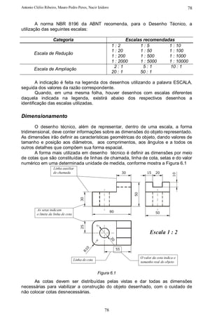 Antonio Clélio Ribeiro, Mauro Pedro Peres, Nacir Izidoro                                                     78


        A norma NBR 8196 da ABNT recomenda, para o Desenho Técnico, a
utilização das seguintes escalas:

                     Categoria                                        Escalas recomendadas
                                                              1:2           1:5         1 : 10
                                                              1 : 20        1 : 50      1 : 100
        Escala de Redução
                                                              1 : 200       1 : 500     1 : 1000
                                                              1 : 2000      1 : 5000    1 : 10000
                                                               2:1            5:1       10 : 1
        Escala de Ampliação
                                                              20 : 1        50 : 1

        A indicação é feita na legenda dos desenhos utilizando a palavra ESCALA,
seguida dos valores da razão correspondente.
        Quando, em uma mesma folha, houver desenhos com escalas diferentes
daquela indicada na legenda, existirá abaixo dos respectivos desenhos a
identificação das escalas utilizadas.

Dimensionamento
       O desenho técnico, além de representar, dentro de uma escala, a forma
tridimensional, deve conter informações sobre as dimensões do objeto representado.
As dimensões irão definir as características geométricas do objeto, dando valores de
tamanho e posição aos diâmetros, aos comprimentos, aos ângulos e a todos os
outros detalhes que compõem sua forma espacial.
       A forma mais utilizada em desenho técnico é definir as dimensões por meio
de cotas que são constituídas de linhas de chamada, linha de cota, setas e do valor
numérico em uma determinada unidade de medida, conforme mostra a Figura 6.1
                     Linha auxiliar
                     de chamada                                         30            15    20
                                                                                                       10
                                                                             50
                                          30




          As setas indicam                                    80
          o limite da linha de cota                                                         50
                                          25




                                                                                        Escala 1 : 2
                                                              20




                                                                   55
                                             0
                                           R1




                                                                                  O valor da cota indica o
                                      Linha de cota
                                                                                  tamanho real do objeto


                                                      Figura 6.1

      As cotas devem ser distribuídas pelas vistas e dar todas as dimensões
necessárias para viabilizar a construção do objeto desenhado, com o cuidado de
não colocar cotas desnecessárias.


                                                         78
 