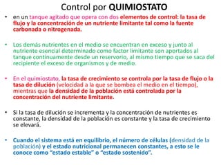 Control por QUIMIOSTATO
• en un tanque agitado que opera con dos elementos de control: la tasa de
  flujo y la concentración de un nutriente limitante tal como la fuente
  carbonada o nitrogenada.

• Los demás nutrientes en el medio se encuentran en exceso y junto al
  nutriente esencial determinado como factor limitante son aportados al
  tanque continuamente desde un reservorio, al mismo tiempo que se saca del
  recipiente el exceso de organismos y de medio.

• En el quimiostato, la tasa de crecimiento se controla por la tasa de flujo o la
  tasa de dilución (velocidad a la que se bombea el medio en el tiempo),
  mientras que la densidad de la población está controlada por la
  concentración del nutriente limitante.

• Si la tasa de dilución se incrementa y la concentración de nutrientes es
  constante, la densidad de la población es constante y la tasa de crecimiento
  se elevará.

• Cuando el sistema está en equilibrio, el número de células (densidad de la
  población) y el estado nutricional permanecen constantes, a esto se le
  conoce como “estado estable” o “estado sostenido”.
 
