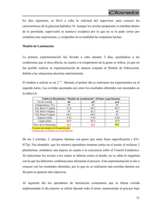 En días siguientes, se llevó a cabo la solicitud del supervisor, para conocer las
características de la glucosa(Apéndice 9). Aunque los niveles propuestos sí entraban dentro
de lo permitido, supervisión se mantuvo escéptico por lo que no se le pudo correr por
completo este experimento, y comprobar en su totalidad las conjeturas hechas.
Modelo de Laminación
La primera experimentación fue llevada a cabo durante 2 días, ajustándose a las
condiciones que el área ofrecía, en cuanto a la temperatura de la goma se refiere, ya que no
fue posible realizar su experimentación de manera conjunta al Modelo de Fabricación,
debido a las situaciones descritas anteriormente.
El modelo a utilizar es un 2

6-1

. Durante el primer día se realizaron los experimentos en el

segundo turno. Las corridas ejecutadas así como los resultados obtenidos son mostrados en
la tabla 6.6:
Tabla 6.6 Resultados “Modelo de Laminación” (Primer experimento)
No.de corrida
ab
acf
acd
Temperatura ( oC)
45
45
45
Vel. Rod # 5 (rpm)
51.6
49.7
49.7
Vel. Rod # 6(rpm)
65
65.3
65
Vel. Rod #7 (rpm)
64.1
64.3
65
Espesor (mm)
4.32
4.45
4.40
Largo (mm)
44.5
45.5
43.9
Peso de la lámina(g)
847
823
833
*Láminas que cumplen con la especificación
*Láminas que no cumplen con la especificación

De las 3 corridas, 2, arrojaron láminas con pesos que salen fuera especificación ( 831837g). Fue alentador, que los mismos operadores tomaran cartas en el asunto al rechazar 3
plataformas, notándose una mejora en cuanto a la conciencia sobre el Control Estadístico.
Al seleccionar los niveles a los cuales se debería correr el diseño, no se sabía la magnitud
con la que las diferentes combinaciones afectarían el proceso. Esta experimentación lo dio a
conocer con los resultados obtenidos, por lo que no se realizaron más corridas durante ese
día para no generar más reproceso.
Al siguiente día los operadores de laminación comentaron que la última corrida
implementada el día anterior se utilizó durante todo el turno, manteniendo al proceso bajo
71

 