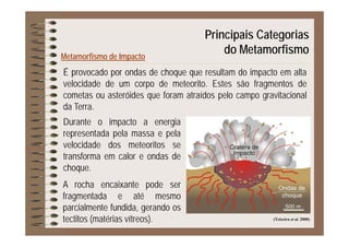 Principais Categorias
É
Metamorfismo de Impacto
p g
do Metamorfismo
É provocado por ondas de choque que resultam do impacto em alta
velocidade de um corpo de meteorito. Estes são fragmentos de
cometas ou asteróides que foram atraídos pelo campo gravitacionalcometas ou asteróides que foram atraídos pelo campo gravitacional
da Terra.
Durante o impacto a energiaDurante o impacto a energia
representada pela massa e pela
velocidade dos meteoritos se
transforma em calor e ondas de
choque.
A rocha encaixante pode ser
fragmentada e até mesmo
parcialmente fundida gerando osparcialmente fundida, gerando os
tectitos (matérias vítreos). (Teixeira et al. 2000)
 