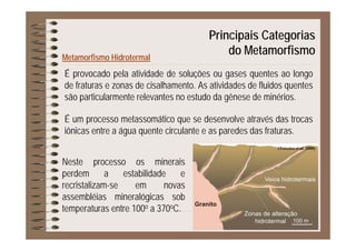 Principais Categorias
É
Metamorfismo Hidrotermal
p g
do Metamorfismo
É provocado pela atividade de soluções ou gases quentes ao longo
de fraturas e zonas de cisalhamento. As atividades de fluidos quentes
são particularmente relevantes no estudo da gênese de minériossão particularmente relevantes no estudo da gênese de minérios.
É um processo metassomático que se desenvolve através das trocas
iônicas entre a água quente circulante e as paredes das fraturas.
(Teixeira et al. 2000)
Neste processo os minerais
perdem a estabilidade e
i t lirecristalizam-se em novas
assembléias mineralógicas sob
temperaturas entre 100o a 370oC.temperaturas entre 100 a 370 C.
 