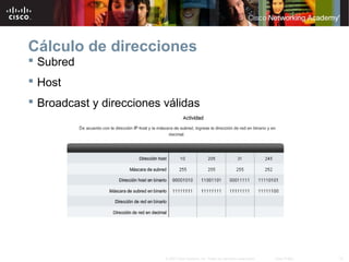19© 2007 Cisco Systems, Inc. Todos los derechos reservados. Cisco Public
Cálculo de direcciones
 Subred
 Host
 Broadcast y direcciones válidas
 