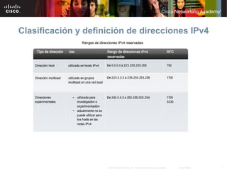 7© 2007 Cisco Systems, Inc. Todos los derechos reservados. Cisco Public
Clasificación y definición de direcciones IPv4
 