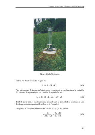 Capítulo 6. INFILTRACIÓN. FLUJO EN LA ZONA NO SATURADA
Figura 6.5. Infiltrómetro.
El área por donde se infiltra el agua es:
( )Rh2RS +⋅⋅π= (6.5)
Para un intervalo de tiempo suficientemente pequeño, dt, se verificará que la variación
del volumen de agua es igual a la cantidad de agua infiltrada:
( ) dhRdtRh2RI 2
f ⋅π−=⋅+⋅⋅π⋅ (6.6)
donde If es la tasa de infiltración que coincide con la capacidad de infiltración. Los
demás parámetros se pueden identificar en la Figura 6.6.
Integrando la Ecuación (6.6) entre dos valores (t1, t2) (h1, h2) resulta:
( ) Rh2
Rh2
ln
tt2
R
I
2
1
12
f
+
+
⋅
−
= (6.7)
91
 