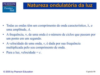 Capítulo 06© 2005 by Pearson Education
• Todas as ondas têm um comprimento de onda característico, λ, e
uma amplitude, A.
• A frequência, ν, de uma onda é o número de ciclos que passam por
um ponto em um segundo.
• A velocidade de uma onda, v, é dada por sua frequência
multiplicada pelo seu comprimento de onda.
• Para a luz, velocidade = c.
Natureza ondulatória da luz
 