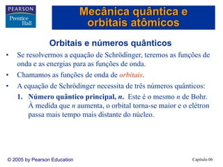Capítulo 06© 2005 by Pearson Education
Orbitais e números quânticos
• Se resolvermos a equação de Schrödinger, teremos as funções de
onda e as energias para as funções de onda.
• Chamamos as funções de onda de orbitais.
• A equação de Schrödinger necessita de três números quânticos:
1. Número quântico principal, n. Este é o mesmo n de Bohr.
À medida que n aumenta, o orbital torna-se maior e o elétron
passa mais tempo mais distante do núcleo.
Mecânica quântica e
orbitais atômicos
 