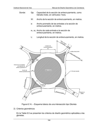 Instituto Nacional de Vías Manual de Diseño Geométrico de Carreteras
184
Donde: Qp: Capacidad de la sección de entrecruzamiento, como
tránsito mixto, en vehículos / hora.
W: Ancho de la sección de entrecruzamiento, en metros.
e: Ancho promedio de las entradas a la sección de
entrecruzamiento, en metros.
e1, e2: Ancho de cada entrada a la sección de
entrecruzamiento, en metros.
L: Longitud de la sección de entrecruzamiento, en metros.
Figura 6.14. – Esquema básico de una intersección tipo Glorieta
2) Criterios geométricos
En la Tabla 6.5 se presentan los criterios de diseño geométrico aplicables a las
glorietas.
 