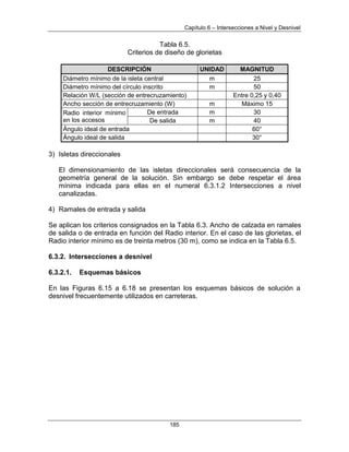 Capítulo 6 – Intersecciones a Nivel y Desnivel
185
Tabla 6.5.
Criterios de diseño de glorietas
DESCRIPCIÓN UNIDAD MAGNITUD
Diámetro mínimo de la isleta central m 25
Diámetro mínimo del círculo inscrito m 50
Relación W/L (sección de entrecruzamiento) Entre 0,25 y 0,40
Ancho sección de entrecruzamiento (W) m Máximo 15
Radio interior mínimo
en los accesos
De entrada m 30
De salida m 40
Ángulo ideal de entrada 60°
Ángulo ideal de salida 30°
3) Isletas direccionales
El dimensionamiento de las isletas direccionales será consecuencia de la
geometría general de la solución. Sin embargo se debe respetar el área
mínima indicada para ellas en el numeral 6.3.1.2 Intersecciones a nivel
canalizadas.
4) Ramales de entrada y salida
Se aplican los criterios consignados en la Tabla 6.3. Ancho de calzada en ramales
de salida o de entrada en función del Radio interior. En el caso de las glorietas, el
Radio interior mínimo es de treinta metros (30 m), como se indica en la Tabla 6.5.
6.3.2. Intersecciones a desnivel
6.3.2.1. Esquemas básicos
En las Figuras 6.15 a 6.18 se presentan los esquemas básicos de solución a
desnivel frecuentemente utilizados en carreteras.
 