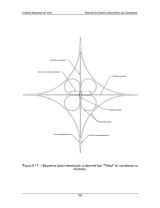 Instituto Nacional de Vías Manual de Diseño Geométrico de Carreteras
188
Figura 6.17. – Esquema base intersección a desnivel tipo “Trébol” en carreteras no
divididas.
 