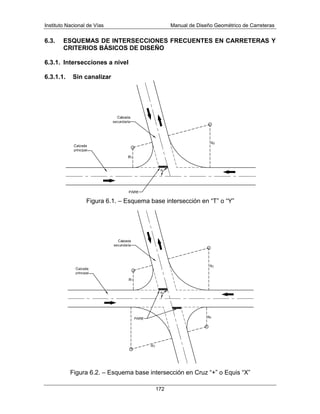 Instituto Nacional de Vías Manual de Diseño Geométrico de Carreteras
172
6.3. ESQUEMAS DE INTERSECCIONES FRECUENTES EN CARRETERAS Y
CRITERIOS BÁSICOS DE DISEÑO
6.3.1. Intersecciones a nivel
6.3.1.1. Sin canalizar
Figura 6.1. – Esquema base intersección en “T” o “Y”
Figura 6.2. – Esquema base intersección en Cruz “+” o Equis “X”
 