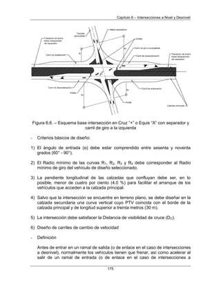 Capítulo 6 – Intersecciones a Nivel y Desnivel
175
Figura 6.6. – Esquema base intersección en Cruz “+” o Equis “X” con separador y
carril de giro a la izquierda
- Criterios básicos de diseño:
1) El ángulo de entrada (α) debe estar comprendido entre sesenta y noventa
grados (60° - 90°).
2) El Radio mínimo de las curvas R1, R2, R3 y R4 debe corresponder al Radio
mínimo de giro del vehículo de diseño seleccionado.
3) La pendiente longitudinal de las calzadas que confluyan debe ser, en lo
posible, menor de cuatro por ciento (4.0 %) para facilitar el arranque de los
vehículos que acceden a la calzada principal.
4) Salvo que la intersección se encuentre en terreno plano, se debe diseñar en la
calzada secundaria una curva vertical cuyo PTV coincida con el borde de la
calzada principal y de longitud superior a treinta metros (30 m).
5) La intersección debe satisfacer la Distancia de visibilidad de cruce (DC).
6) Diseño de carriles de cambio de velocidad
- Definición
Antes de entrar en un ramal de salida (o de enlace en el caso de intersecciones
a desnivel), normalmente los vehículos tienen que frenar, así como acelerar al
salir de un ramal de entrada (o de enlace en el caso de intersecciones a
 