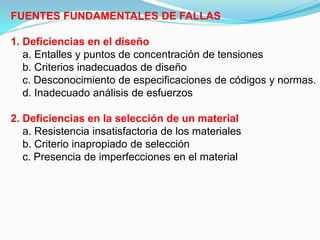 FUENTES FUNDAMENTALES DE FALLAS

1. Deficiencias en el diseño
   a. Entalles y puntos de concentración de tensiones
   b. Criterios inadecuados de diseño
   c. Desconocimiento de especificaciones de códigos y normas.
   d. Inadecuado análisis de esfuerzos

2. Deficiencias en la selección de un material
   a. Resistencia insatisfactoria de los materiales
   b. Criterio inapropiado de selección
   c. Presencia de imperfecciones en el material
 