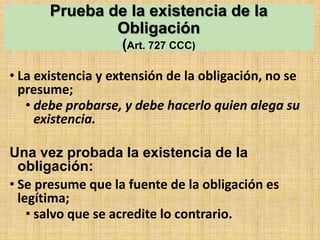 Prueba de la existencia de la
Obligación
(Art. 727 CCC)
• La existencia y extensión de la obligación, no se
presume;
• debe probarse, y debe hacerlo quien alega su
existencia.
Una vez probada la existencia de la
obligación:
• Se presume que la fuente de la obligación es
legítima;
• salvo que se acredite lo contrario.
 