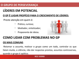 O GRUPO DE PERSEVERANÇA
RCC GOIÁS
LÍDERES EM POTENCIAL
O GP É LUGAR PROPÍCIO PARA O CRESCIMENTO DE LÍDERES:
-Preste atenção em quem é:
• Prático, curioso;
• Mediador, sintetizador;
• Proponente de ideias.
COMO LIDAR COM PROBLEMAS NO GP
OS MAIS COMUNS
-Retomar o assunto, motivar o grupo como um todo, controlar os que
falam muito, o silêncio, não dar respostas prontas, assuntos controversos,
quando o grupo é apático.
 