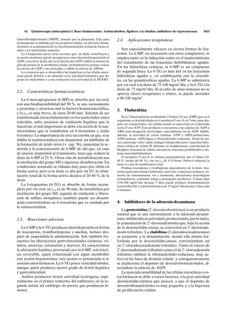 61.   Quimioterapia antineoplásica I. Bases fundamentales. Antimetabolitos, fijadores a la tubulina, inhibidores de topoisomerasas           1033

fosforribosilpirofosfato (PRPP), donado por la glutamina. Este paso           2.4.    Aplicaciones terapéuticas
normalmente es inhibido por los productos finales, los diversos ribonu-
cleótidos; la acumulación de los tiorribonucleótidos actúan de forma si-
milar a los nucleótidos naturales.                                               Son especialmente eficaces en ciertas formas de leu-
    La 6-tioguanina ejerce otras acciones que, sin duda, contribuyen a        cemia. La 6-MP, en asociación con otros compuestos, se
su acción citotóxica: puede incorporarse como desoxirribonucleótido al        emplea tanto en la inducción como en el mantenimiento
ADN e interferir desde ahí en la función del ADN; inhibe la síntesis de       del tratamiento de las leucemias linfoblásticas agudas.
glucoproteínas de la membrana celular, probablemente porque reduce
los niveles de GDP y sus derivados, e inhibe la síntesis de ARNm.             En las linfocíticas crónicas, la 6-MP es un compuesto
    La resistencia que se desarrolla a las tiopurinas en las células cance-   de segunda línea. La 6-TG es más útil en las leucemias
rosas puede deberse a un aumento en la actividad fosfatásica que de-          linfocíticas agudas y, en combinación con la citarabi-
grada los nucleótidos o a una reducción en la actividad de la HGFRT.          na, en las granulocíticas agudas. La 6-MP se administra
                                                                              por vía oral a la dosis de 75-100 mg/m2/día, y la 6-TG a la
                                                                              dosis de 75 mg/m2/día. Si al cabo de unas semanas no se
2.2. Características farmacocinéticas                                         aprecia efecto terapéutico o tóxico, se puede ascender
   La 6-mercaptopurina (6-MP) se absorbe por vía oral,                        a 90-100 mg/m2.
con una biodisponibilidad del 50 %; se une escasamente
a proteínas y atraviesa mal la barrera hematoencefálica,                      3.     Fludarabina
y la t1/2 es muy breve, de unos 20-60 min. Además de ser
transformada intracelularmente en los nucleótidos antes                           Es la 2-fluoroadenina-arabinósido-5-fosfato (F-ara-AMP) que en el
                                                                              organismo es desfosforilada en el producto F-ara-A en 5 min, para des-
referidos, sufre procesos de oxidación hepática que la                        pués ser transportada a las células donde es convertida en el derivado
inactivan; el más importante se debe a la acción de la xan-                   activo F-ara-ATP. Este producto se incorpora a las cadenas de ADN y
tinooxidasa que la transforma en 6-tioxantina y ácido                         ARN cuya elongación interrumpe, especialmente las de ADN. Inhibe,
6-tioúrico. La importancia de esta vía estriba en que, si se                  además, la actividad de varias enzimas: ADN y ARN-polimerasas,
inhibe la xantinooxidasa con alopurinol, un inhibidor de                      ADN-primasa, ADN-ligasa y ribonucleótido-reductasa. Actúa de ma-
                                                                              nera particular sobre tejido maligno linfoproliferativo: leucemia linfo-
la formación de ácido úrico (v. cap. 56), aumentan la se-                     cítica crónica de células B, linfomas no hodgkinianos, enfermedad de
mivida y la concentración de 6-MP; de ahí que, en caso                        Hodgkin, leucemia de células tricocíticas, leucemia prolinfocítica y lin-
de asociar alopurinol al tratamiento, haya que reducir la                     foma macroglobulinémico.
dosis de 6-MP el 25 %. Otras vías de metabolización son                           El producto F-ara-A se elimina principalmente por el riñón (24-
                                                                              80 %, media del 60 %), con un t1/2 de 9-10 horas. Deberá reducirse la
la metilación del grupo SH y siguiente desulfuración. En                      dosis en caso de insuficiencia renal.
condiciones normales se elimina muy poco por riñón en                             Produce leucopenia y trombopenia dependientes de la dosis, tras-
forma activa, pero si la dosis es alta por vía IV, la elimi-                  tornos gastrointestinales habituales, anorexia, erupciones cutáneas, au-
nación renal de la forma activa alcanza el 20-40 % de la                      mento de transaminasas, tos y neumonía, alteraciones neurológicas
dosis.                                                                        (somnolencia, confusión, fatiga y neuropatía periférica). A dosis altas
                                                                              (150-200 mg/m2/día durante 5 días) puede producir desmielinización
   La 6-tioguanina (6-TG) se absorbe de forma incom-                          central diferida. La dosis habitual es de 25 mg/m2/día durante 5 días cada
pleta por vía oral; su t1/2 es de 90 min. Se metaboliza por                   4 semanas.
metilación del grupo SH, seguida de oxidación y libera-
ción de sulfato inorgánico; también puede ser desami-
nada convirtiéndose en 6-tioxantina que es oxidada por                        4.     Inhibidores de la adenosín-desaminasa
la xantinooxidasa.
                                                                                 La pentostatina (2'-desoxicoformicina) es un producto
                                                                              natural que se une intensamente a la adenosín-desami-
2.3. Reacciones adversas                                                      nasa, inhibiendo su actividad y promoviendo, por lo tanto,
                                                                              la acumulación de 2'-desoxiadenosina que, bajo la acción
   La 6-MP y la 6-TG producen mielodepresión en forma                         de la desoxicitidín-cinasa, se convertirá en 2'-desoxiade-
de leucopenia, trombocitopenia y anemia, incluso des-                         nosín-trifosfato. La cladribina (2-clorodesoxiadenosina)
pués de suspendida la administración. Son también fre-                        es resistente a la desaminación, siendo ella misma fos-
cuentes las alteraciones gastrointestinales (náuseas, vó-                     forilada por la desoxicitidín-cinasa, convirtiéndose así
mitos, anorexia, estomatitis y diarrea). Es característica                    en 2'-clorodesoxiadenosín-trifosfato. Tanto el exceso de
la alteración hepática provocada por la 6-MP, con icteri-                     2'-desoxiadenosín-trifosfato como el de 2'-cloroadenosín
cia reversible, quizá relacionada con algún metabolito                        trifosfato inhiben la ribonucleótido-reductasa, muy ac-
con acción hepatotóxica; esta acción es potenciada si se                      tiva en las fases de división celular, y consiguientemente
asocian otros fármacos. La 6-TG posee toxicidad similar,                      se depleciona el depósito de desoxirribonucleótidos, al-
aunque quizá produzca menor grado de lesión hepática                          terándose la síntesis de ADN.
y gastrointestinal.                                                              La marcada sensibilidad de las células tricocíticas a es-
   Ambos productos tienen actividad teratógena, espe-                         tos fármacos se debe a varios factores: a la gran actividad
cialmente en el primer trimestre del embarazo; en la se-                      desoxicitidín-cinásica que poseen, a que el depósito de
gunda mitad, sin embargo, no parece que produzcan le-                         desoxirribonucleótidos es muy pequeño, y a la baja tasa
siones.                                                                       de proliferación celular.
 