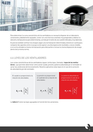 18
Para determinar la curva característica de los ventiladores es necesario disponer de un laboratorio
conveniente y debidamente equipado, contar con unos técnicos analistas muy preparados y dedicar la
atención y tiempo preciso para determinarlas, se trata por lo tanto de una cuestión delicada y muy laboriosa.
Es preciso también verificar los ensayos según una normalización determinada y tenerla en cuenta para
comparar dos aparatos entre sí ya que es de esperar una discrepancia de resultados, a veces notable,
si no se ha utilizado la misma normalización para efectuarlos e incluso la misma disposición de ensayo
dentro de la misma norma.
6.6 LEYES DE LOS VENTILADORES
Las curvas características de los ventiladores siguen ciertas leyes, llamadas «leyes de los ventila-
dores», que permiten determinar cómo varían caudal, presión y potencia absorbida por el ventilador al
variar las condiciones de funcionamiento. Nosotros aplicamos estas leyes en el caso de la variación
de velocidad de giro del ventilador:
La tabla 6.1 reúne las leyes agrupadas en función de tres variaciones.
Q2
= Q1
·
n2
n1
P2
= P1
·
n2
n1
2
N2
= N1
·
n2
n1
3
El caudal es proporcional a la
relación de velocidades:
La presión es proporcional
al cuadrado de la relación de
velocidades:
La potencia absorbida es
proporcional al cubo de la
relación de velocidades:
 
