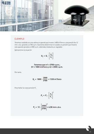 20
EJEMPLO
Tenemos instalado en una cabina un aparato que mueve 1.800 m3
/hora a una presión de 12
mm c.d.a. girando a 2.700 r.p.m. Queremos determinar el caudal y la presión que moverá
este aparato girando a 2.000 r.p.m. obtenidas mediante un regulador.
Aplicaremos la ecuación
Por tanto,
Para hallar la nueva presión P2
Tenemos que n1 = 2700 r.p.m.;
Q1 = 1800 m3/hora y n2 = 2000 r.p.m.
Q2
= Q1
·
n2
n1
Q2
= 1800 · = 1330 m3
/hora
2000
2700
P2
= P1
·
n2
n1
2
P2
= 12 · = 6,58 mm c.d.a.
2000
2700
2
 