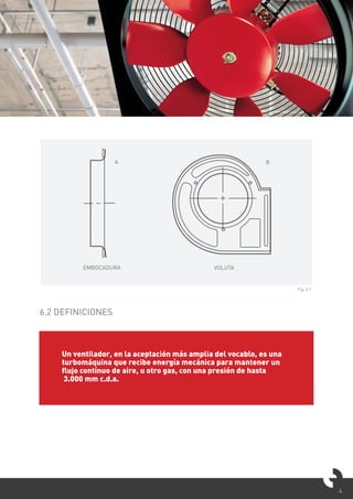 4
6.2 DEFINICIONES
Fig. 6.1
EMBOCADURA VOLUTA
A B
EMBOCADURA VOLUTA
A B
Un ventilador, en la aceptación más amplia del vocablo, es una
turbomáquina que recibe energía mecánica para mantener un
flujo contínuo de aire, u otro gas, con una presión de hasta
3.000 mm c.d.a.
 