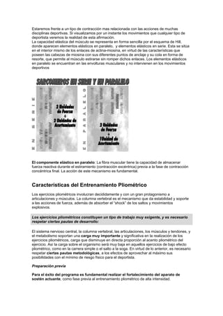Estaremos frente a un tipo de contracción mas relacionada con las acciones de muchas
disciplinas deportivas. Si visualizamos por un instante los movimientos que cualquier tipo de
deportista veremos la realidad de esta afirmación.
La capacidad elástica del músculo se representa en forma sencilla por el esquema de Hill,
donde aparecen elementos elásticos en paralelo, y elementos elásticos en serie. Esta se sitúa
en el interior mismo de los enlaces de actina-miosina, en virtud de las características que
poseen las cabezas de miosina con sus diferentes puntos de anclaje y su cola en forma de
resorte, que permite al músculo estirarse sin romper dichos enlaces. Los elementos elásticos
en paralelo se encuentran en las envolturas musculares y no intervienen en los movimientos
deportivos
El componente elástico en paralelo: La fibra muscular tiene la capacidad de almacenar
fuerza reactiva durante el estiramiento (contracción excéntrica) previa a la fase de contracción
concéntrica final. La acción de este mecanismo es fundamental.
Características del Entrenamiento Pliométrico
Los ejercicios pliométricos involucran decididamente y con un gran protagonismo a
articulaciones y músculos. La columna vertebral es el mecanismo que da estabilidad y soporte
a las acciones de fuerza, además de absorber el “shock” de los saltos y movimientos
explosivos.
Los ejercicios pliométricos constituyen un tipo de trabajo muy exigente, y es necesario
respetar ciertas pautas de desarrollo:
El sistema nervioso central, la columna vertebral, las articulaciones, los músculos y tendones, y
el metabolismo soportan una carga muy importante y significativa en la realización de los
ejercicios pliométricos, carga que disminuye en directa proporción al acento pliométrico del
ejercicio. Así la carga sobre el organismo será muy baja en aquellos ejercicios de bajo efecto
pliométrico, como en la carrera simple o el salto a la soga. En virtud de lo anterior, es necesario
respetar ciertas pautas metodológicas, a los efectos de aprovechar al máximo sus
posibilidades con el mínimo de riesgo físico para el deportista.
Preparación previa
Para el éxito del programa es fundamental realizar el fortalecimiento del aparato de
sostén actuante, como fase previa al entrenamiento pliométrico de alta intensidad.
 